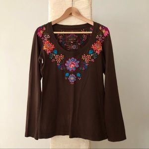 Johnny Was LA Brown Embroidered Cotton Long Sleeve LOVE Top S